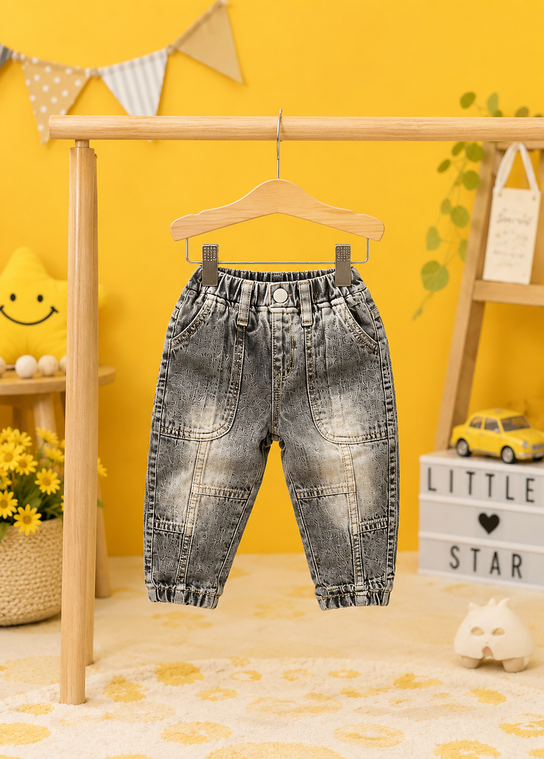 Kids Grey Acid Wash Patchwork Jogger Jeans | Soft Denim | 6 Months – 3 Years