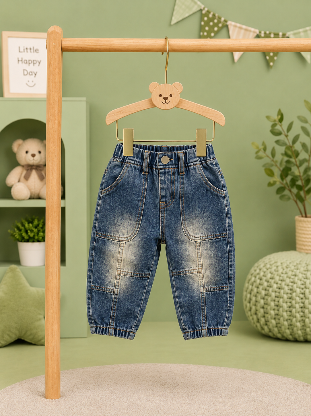 Kids Blue Patchwork Jogger Jeans | Soft Denim | 6 Months – 3 Years