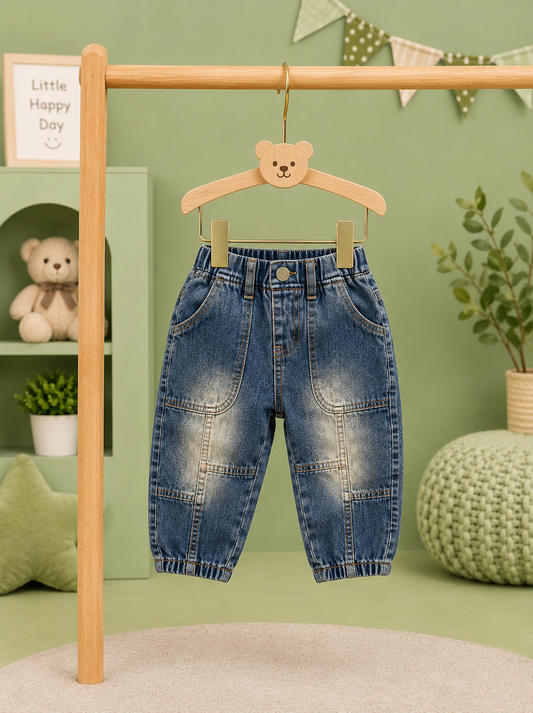 Kids Blue Patchwork Jogger Jeans | Soft Denim | 6 Months – 3 Years