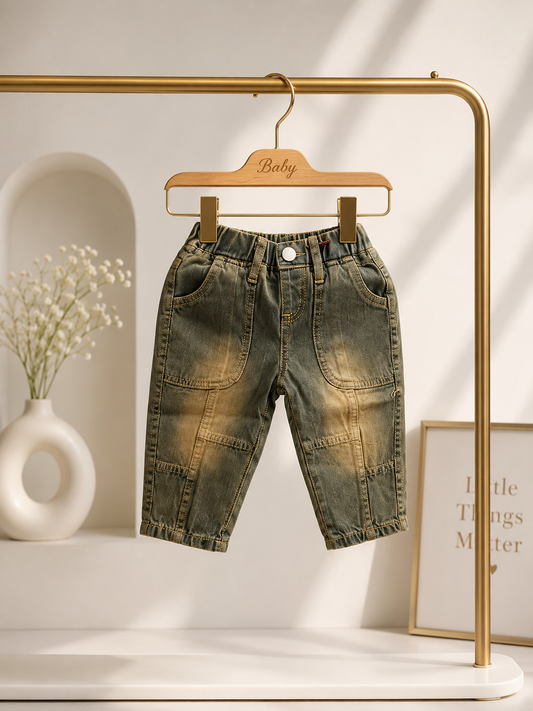 Kids Olive Green Patchwork Denim Jeans | Soft Cotton Denim | 6 Months – 3 Years