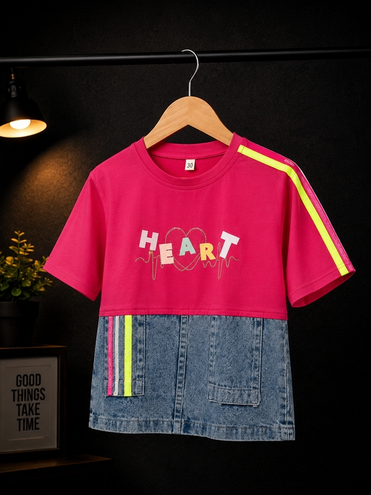 Girls Heart Print Pink & Denim Patchwork Casual Top | Stylish Cotton Kids T-Shirt (4-12 Years)