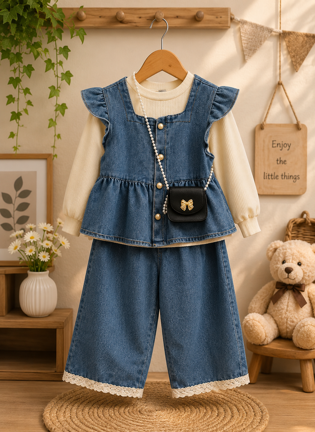 Girls 3-Piece Denim Co-Ord Set with Sling Bag | Korean Style Top & Wide Leg Pants | 1-5 Years