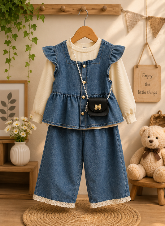 Girls 3-Piece Denim Co-Ord Set with Sling Bag | Korean Style Top & Wide Leg Pants | 1-5 Years