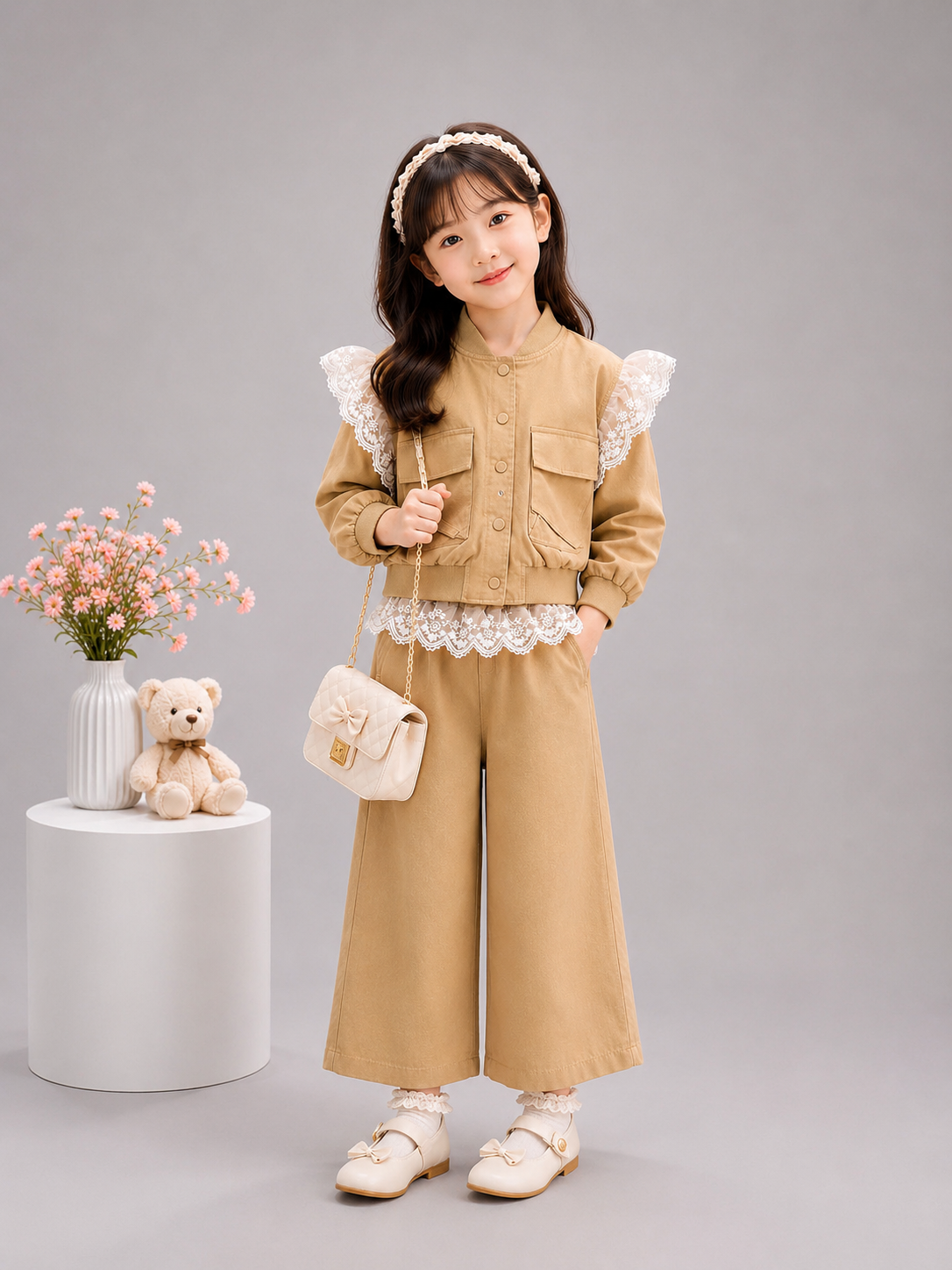 GIRL'S PREMIUM KOREAN BEIGE LACE CO-ORD SET (WITH SLING BAG) (6–12 YEARS)