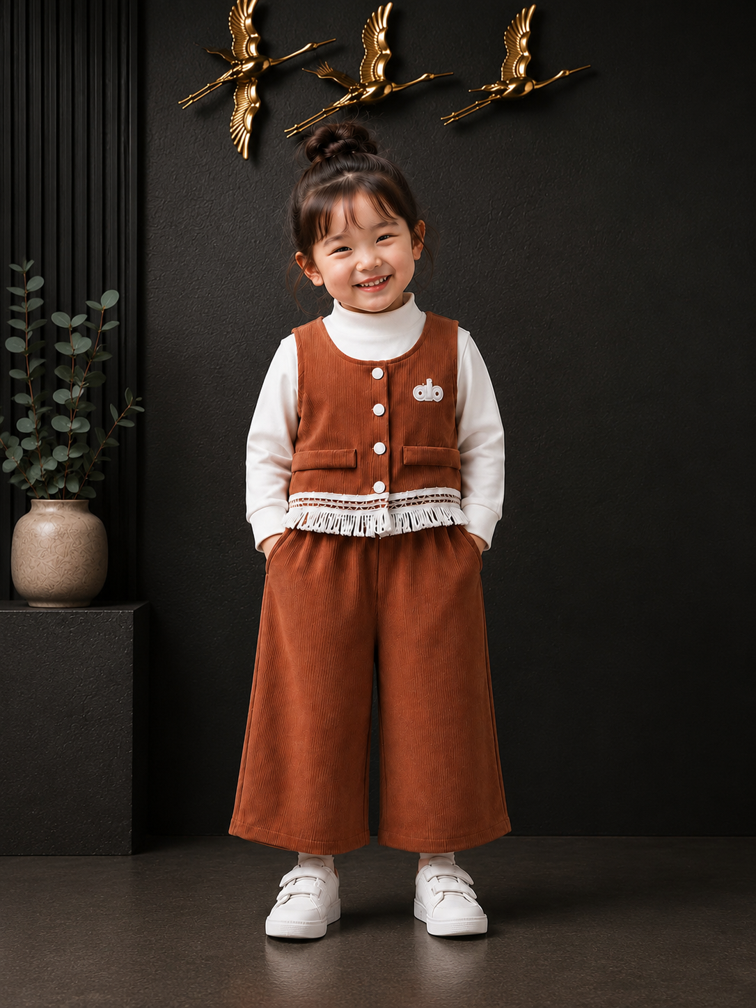 GIRLS PREMIUM RUST CORDUROY 3-PIECE CO-ORD SET WITH HIGH NECK TOP | SIZES 18–26