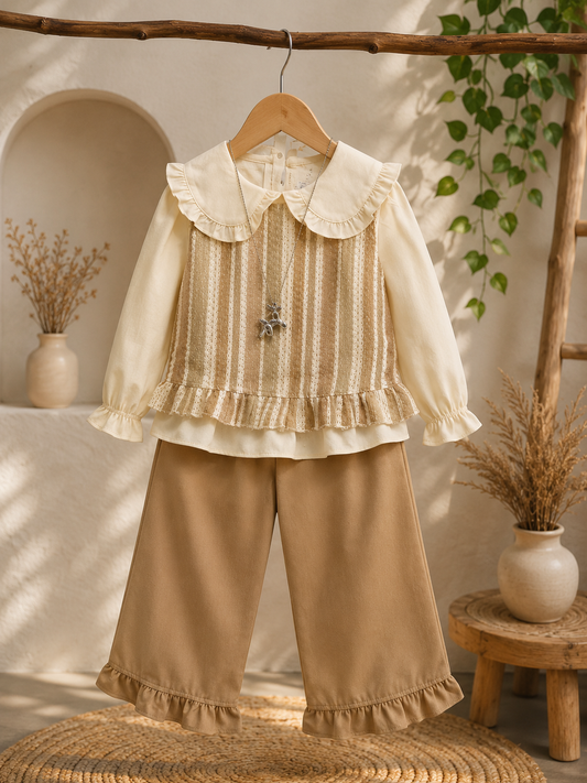 Girls Premium Ruffle Collar Co-Ord Set | Korean Style Lace Top & Wide Leg Pants | 2-6