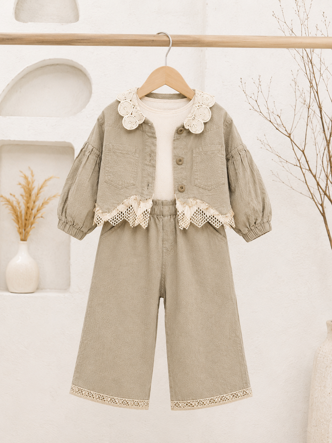 Girls Premium Lace Collar Co-Ord Set | Korean Style Jacket & Wide Leg Pants | 1-12 Years