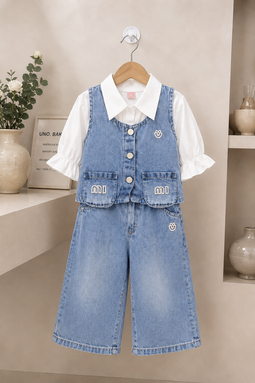 Girls 3-Piece Denim Co-Ord Set | White Top, Denim Vest & Wide Leg Jeans (14-22)