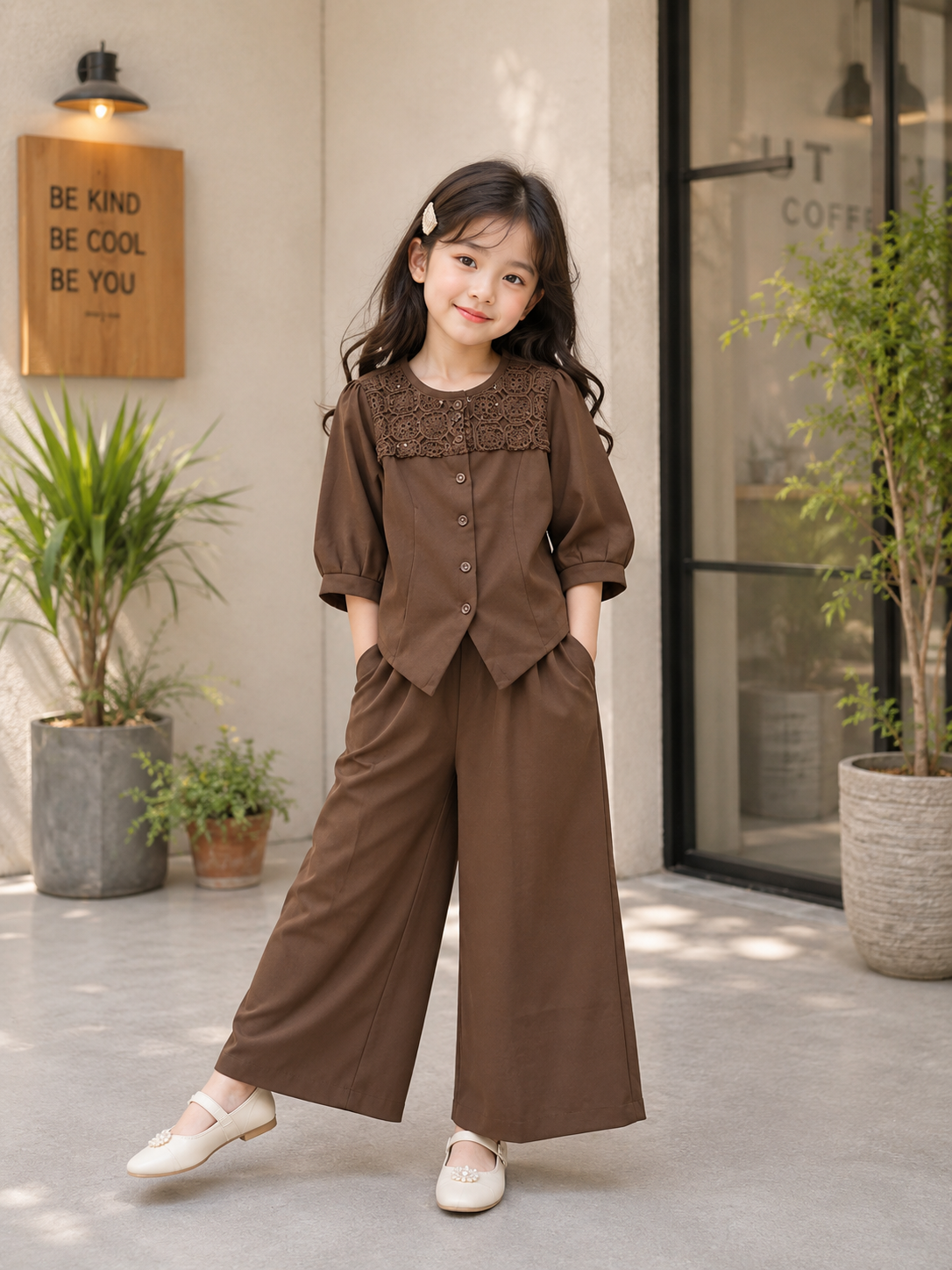 Girls Premium Chocolate Brown Lace Co-Ord Set | Elegant Top & Wide Leg Pant Set (4–11 Years)
