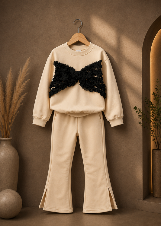 Girls Premium Beige Bow Co-Ord Set | Soft Cotton Winter Outfit (6-11 Years)