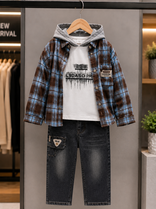 Boys 3-Piece Checked Hoodie Shirt & Black Denim Jeans Set | Casual Winter Outfit | 1-5 Years