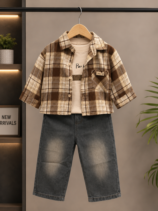 Boys 3-Piece Brown Checked Shirt, Printed T-Shirt & Denim Jeans Set | Casual Outfit | 1-5 Years