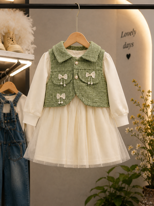 Girls Elegant Layered Party Frock with Green Bow Vest | Premium Dress | 1-5 Years