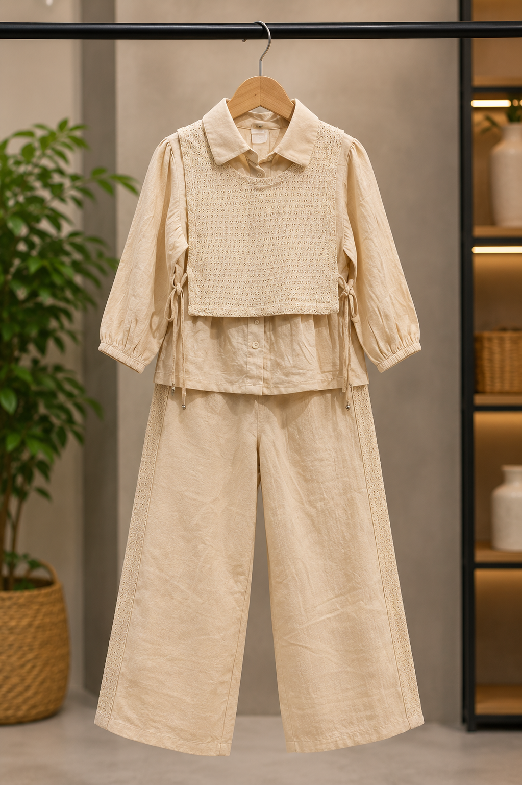 Girls Beige 2-Piece Co-Ord Set | Crochet Crop Top, Full Sleeve Shirt & Wide Leg Pants | 16-24 Size