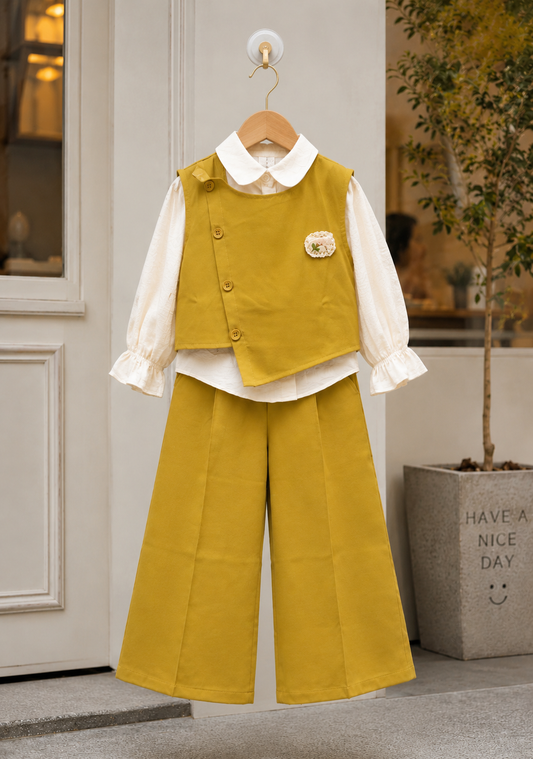 Girls Mustard 3-Piece Co-Ord Set | Premium Shirt, Asymmetrical Top & Wide Leg Pant Set (4–11 Years)