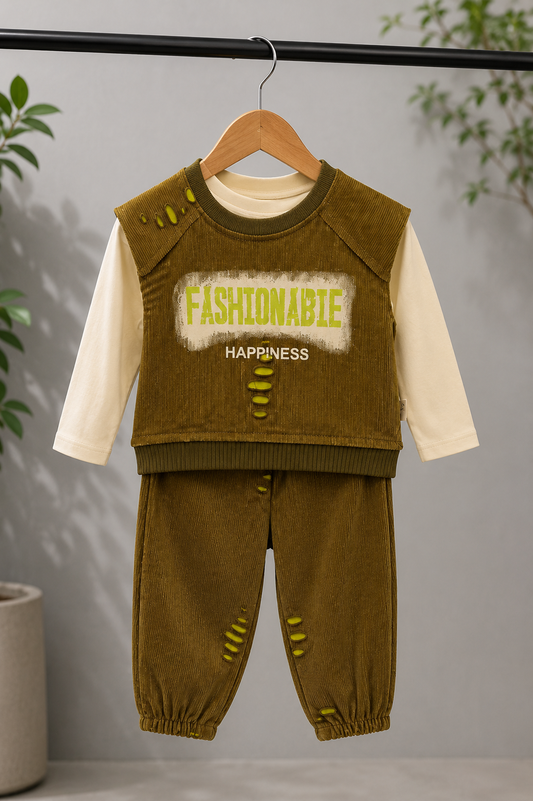 Fashionable Kids Cord Set | Full Sleeve T-Shirt with Ribbed Co-ord Set | Olive Green | 1-6 Years