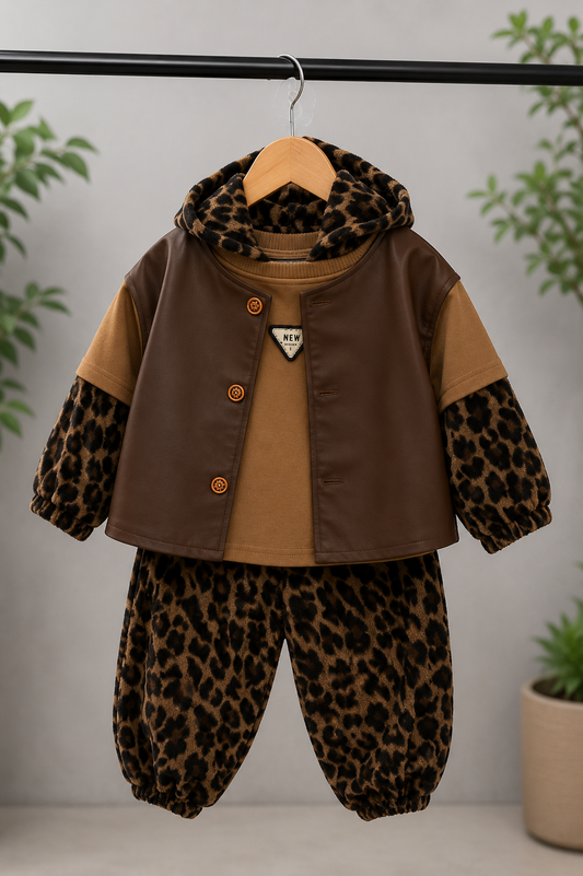Kids Leopard Print 3-Piece Winter Co-ord Set with Faux Leather Jacket | Brown | 1-6 Years