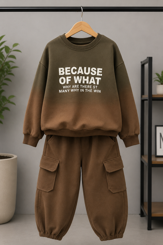 Boys Premium Winter Fleece Cargo Co-Ord Set – Brown | Soft & Warm Sweatshirt with Cargo Joggers (6–11 Years)