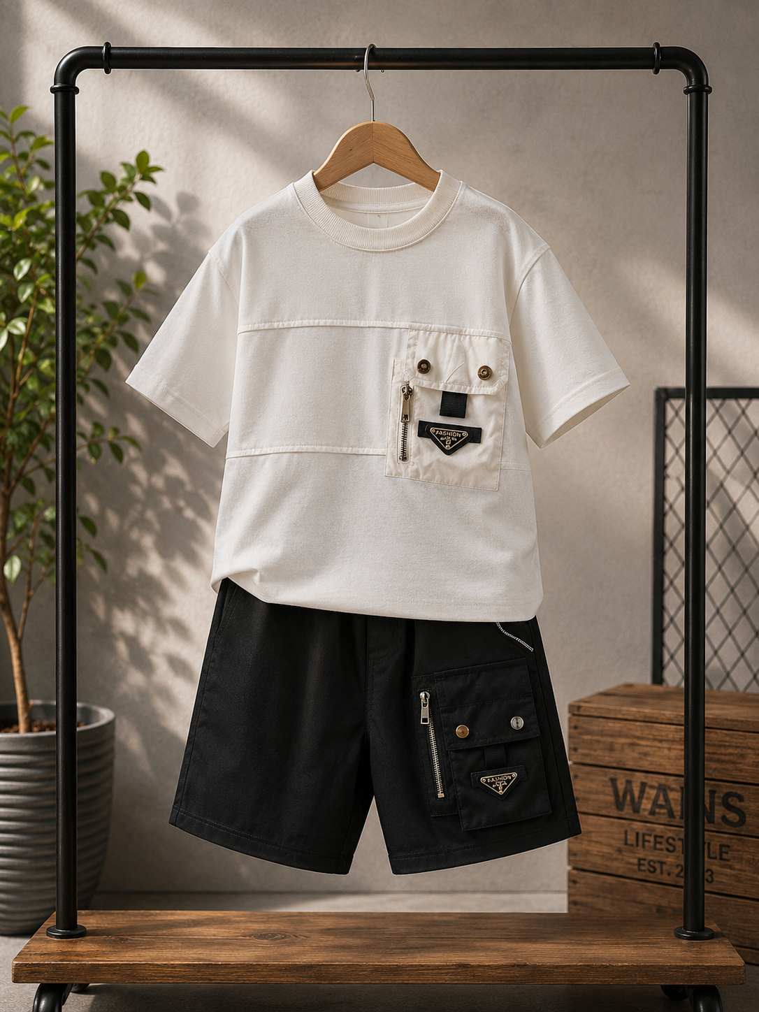 Boys Premium Utility Pocket Cord Set – White & Black | Half Sleeve Co-ord Set (5-11 Years)