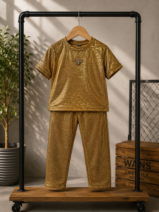 Girls Premium Shimmer Co-ord Set – Golden | Half Sleeve T-Shirt & Pants Set (2–7 Years)