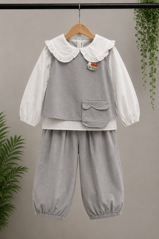 Girls 3-Piece Grey Co-Ord Set | Peter Pan Collar Top, Layered Vest & Jogger Pants | 2-6 Years