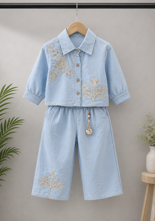 Girls Sky Blue Embroidered Co-Ord Set | Designer Shirt & Wide Leg Pants | 18-26 Size