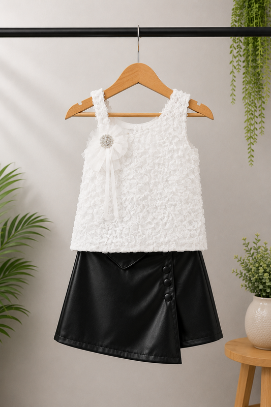 Girls White Floral Top & Black Faux Leather Skirt Set | 2-Piece Party Wear Outfit | Size 24-36