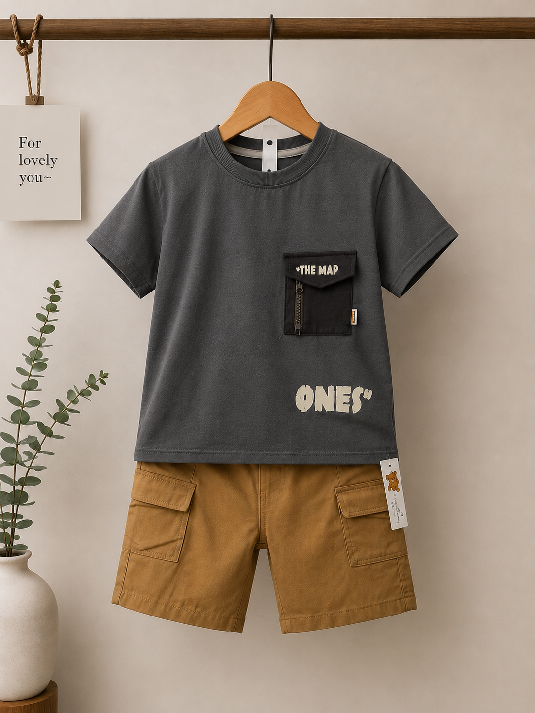 Boys Premium Utility Pocket Co-ord Set – Grey T-Shirt & Cargo Shorts (1–6 Years)