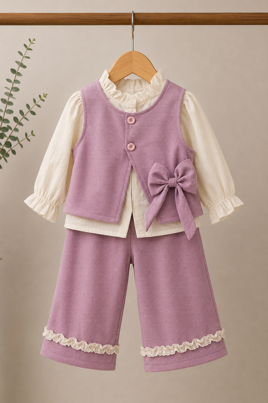 Girls Premium 3-Piece Lavender Co-Ord Set with Bow Vest | 1-6 Years