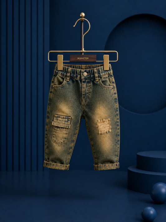 Baby Boys Vintage Blue Cargo Denim Jeans | Soft Stretch Casual Jeans (6M–3 Years)