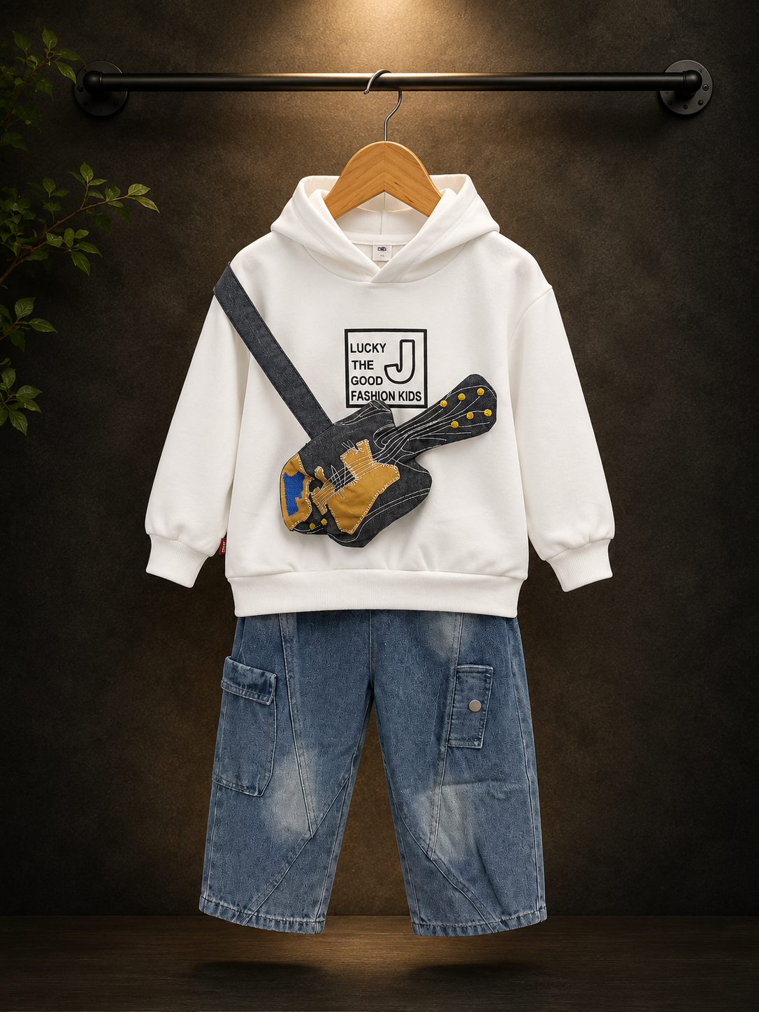 Kids White Hoodie & Cargo Denim Pants with Guitar Sling Bag Cord Set | 2-Piece Outfit (1-6 Years)