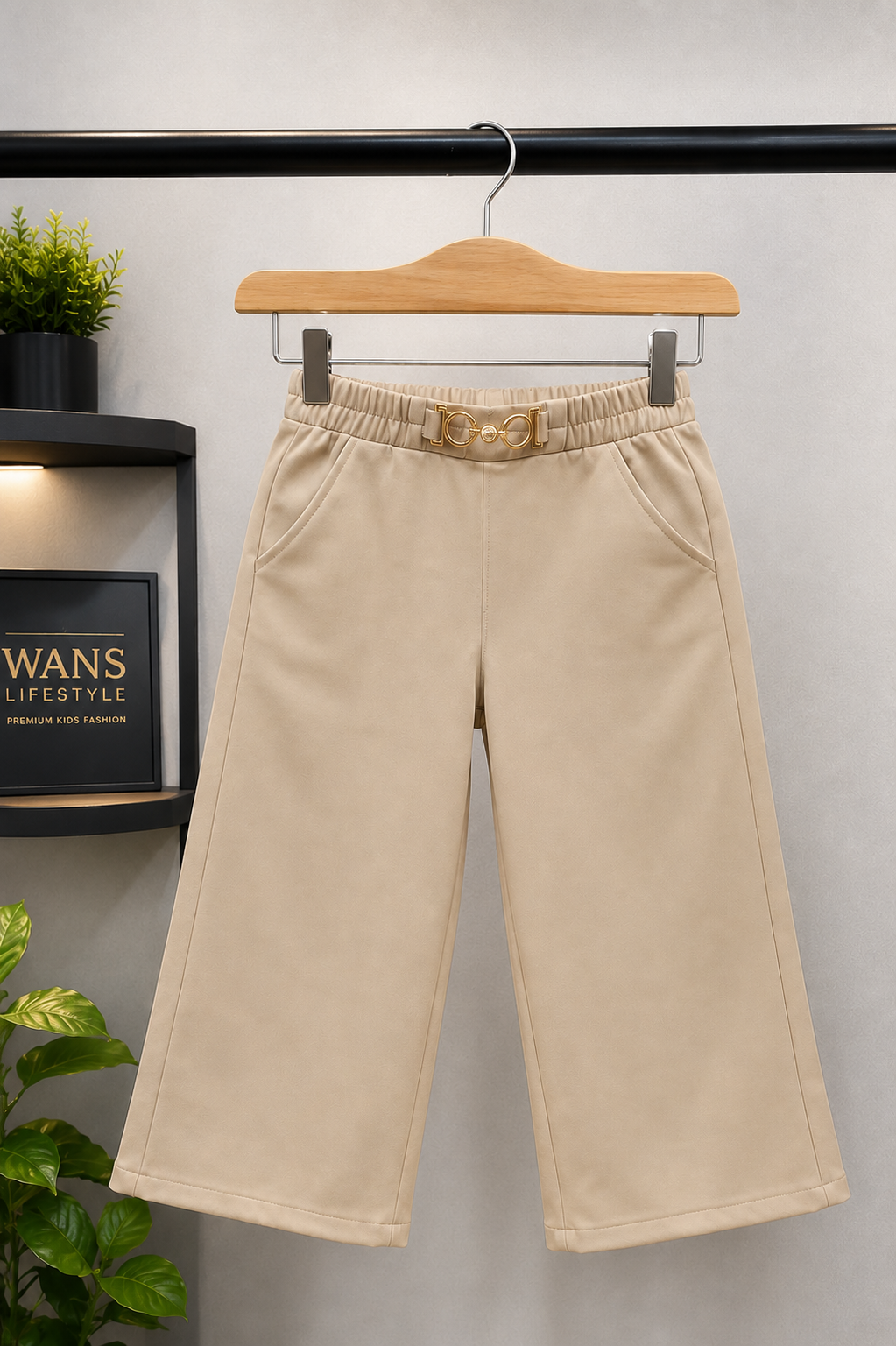 Girls Korean Wide Leg Trousers | Premium Beige Straight Fit Pants with Belt Detail (4-11 Years)