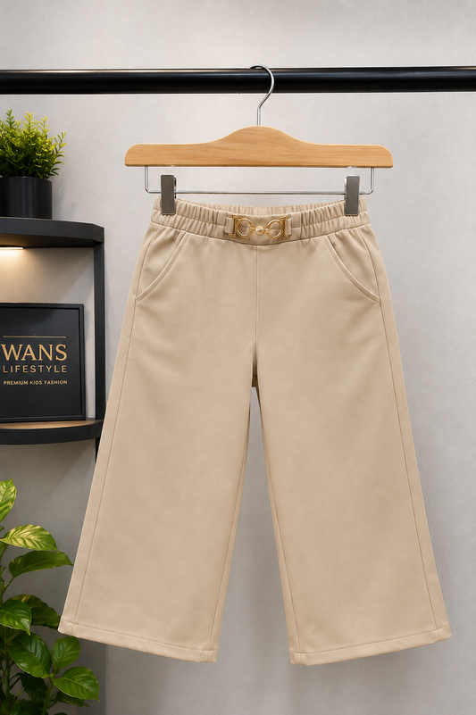 Girls Korean Wide Leg Trousers | Premium Beige Straight Fit Pants with Belt Detail (4-11 Years)