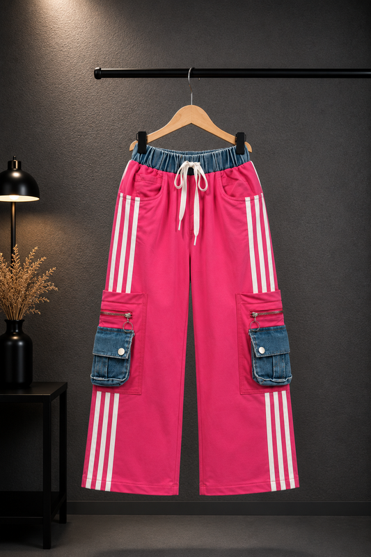 Girls Pink Cargo Track Pants | Korean Style Wide Leg Joggers | 4-11 Years