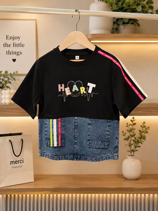 Girls Heart Printed Denim Patch Top | Stylish Casual Half Sleeve T-Shirt | 4-12 Years