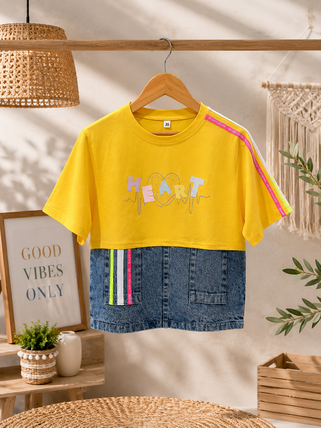 Girls Yellow Crop Top with Denim Hem | HEART Print Casual T-Shirt | Summer Wear | 4-12 Years