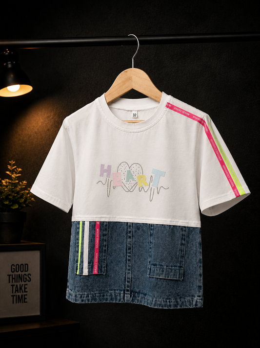 Girls Heart Print White & Denim Patchwork Casual Top | Stylish Cotton Kids T-Shirt (4-12 Years)