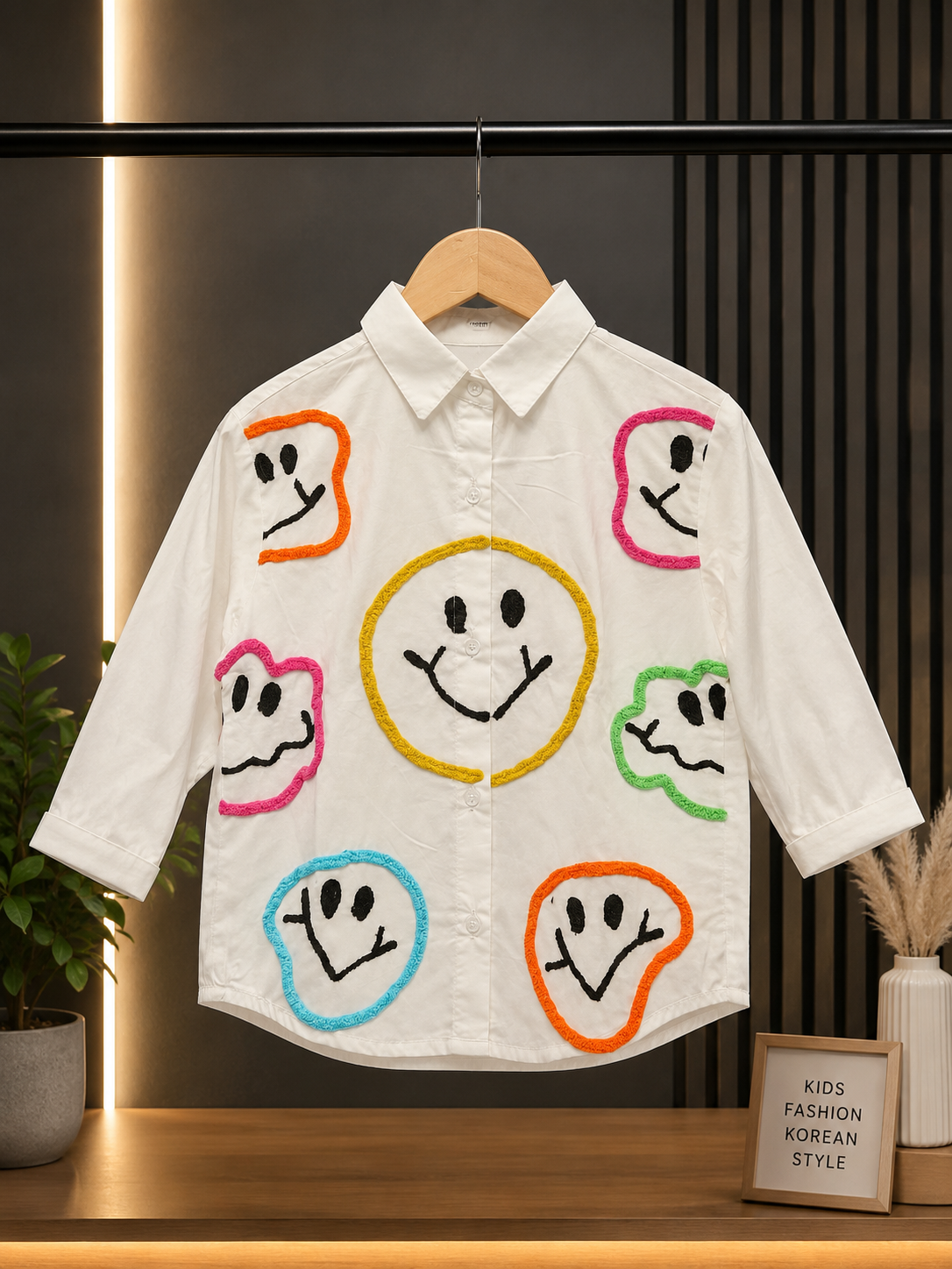 Girls White Smiley Print Full Sleeve Shirt | Korean Style Cotton Casual Shirt | 4-11 Years