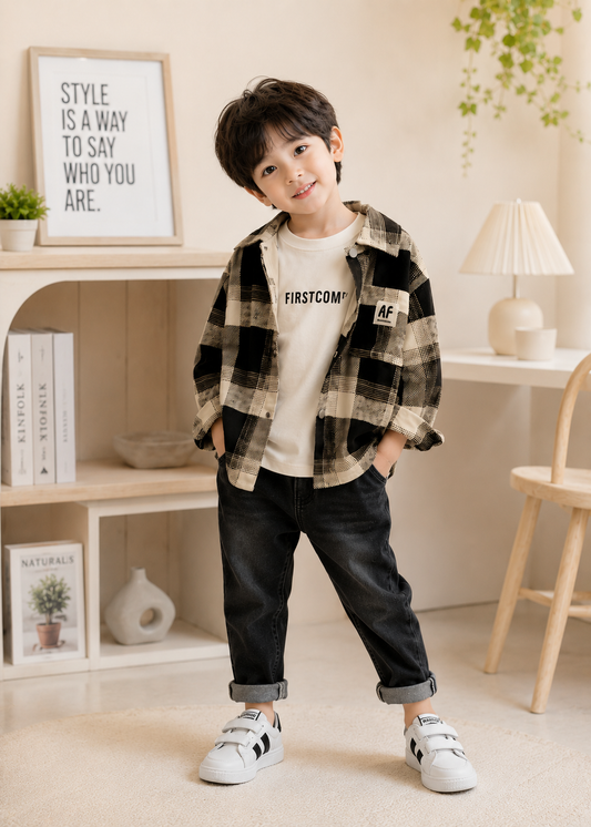 Boys Premium Black & Beige Checked Shacket with T-Shirt | 2-7 Years
