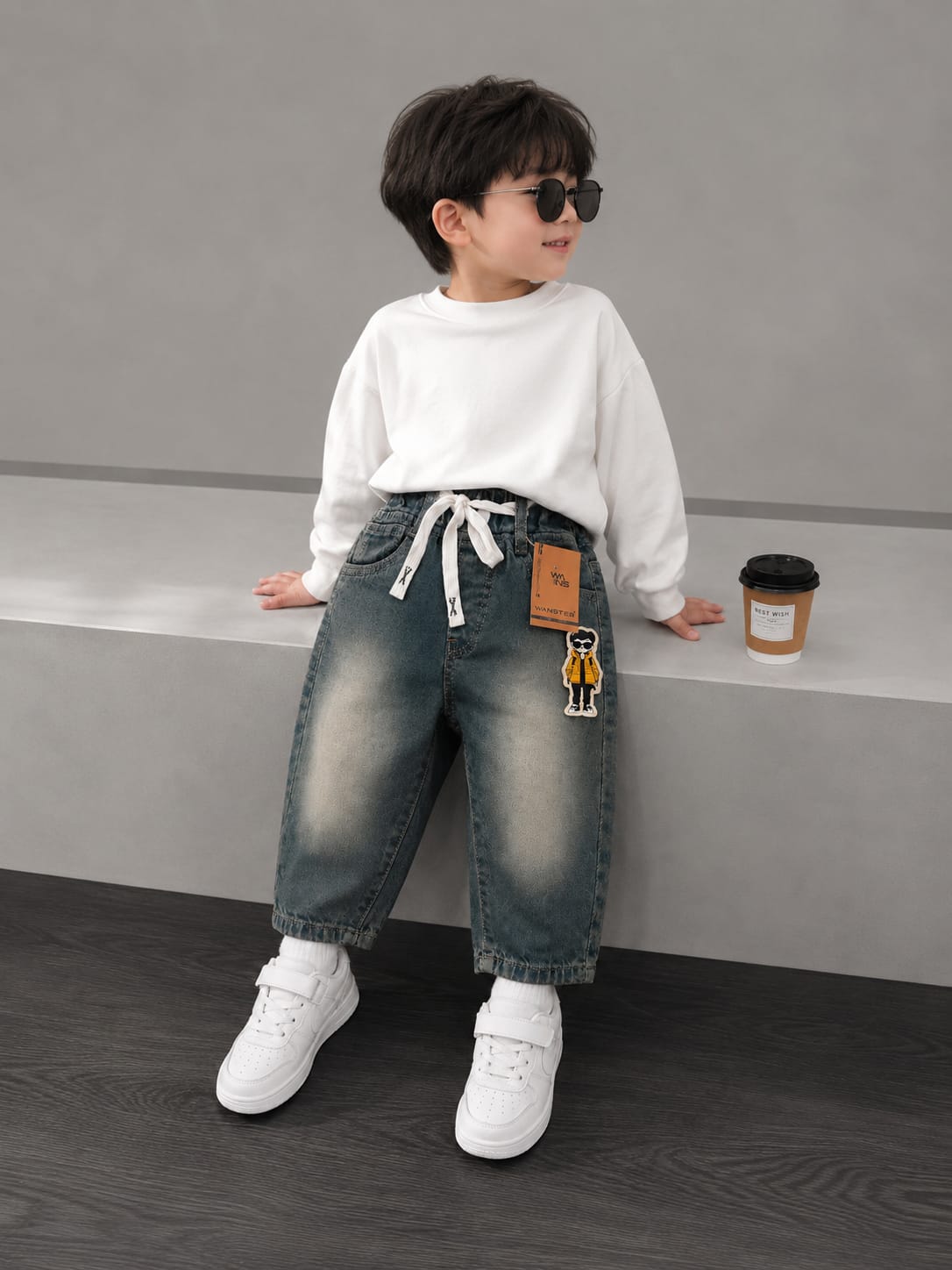 BOYS PREMIUM VINTAGE WASH BAGGY DENIM JEANS WITH CHARACTER PATCH | SIZES 18–26