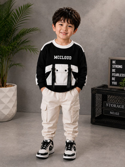 Kids McCloud Utility Pocket Fleece Sweatshirt | Black & White | Winter Wear | 1–5 Years