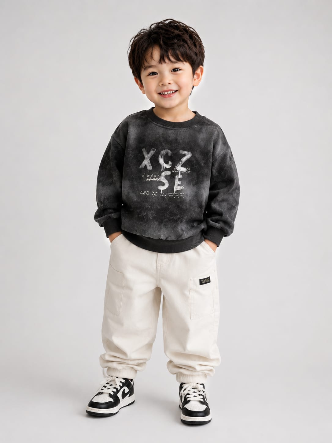 Kids XCZSE Acid Wash Fleece Sweatshirt | Charcoal Grey | Winter Wear | 1–5 Years