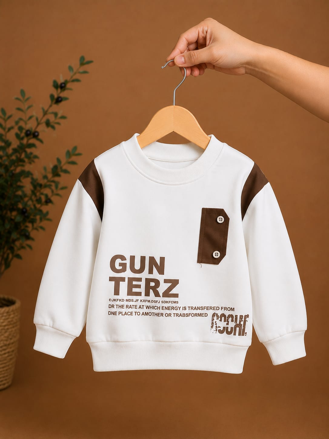 Kids Gun Terz Printed Winter Sweatshirt | White & Brown Cotton Fleece Sweatshirt | Boys Casual Sweatshirt | Size 18–26