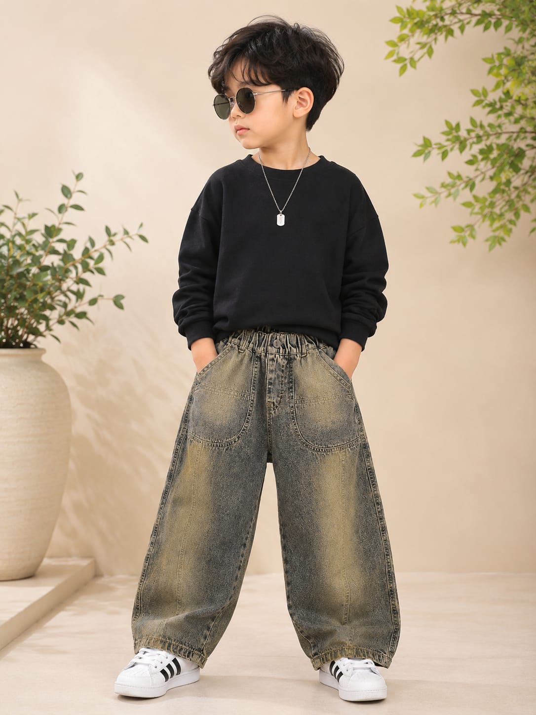 Kids Korean Baggy Jeans | Vintage Wash Wide Leg Denim | 7–10 Years