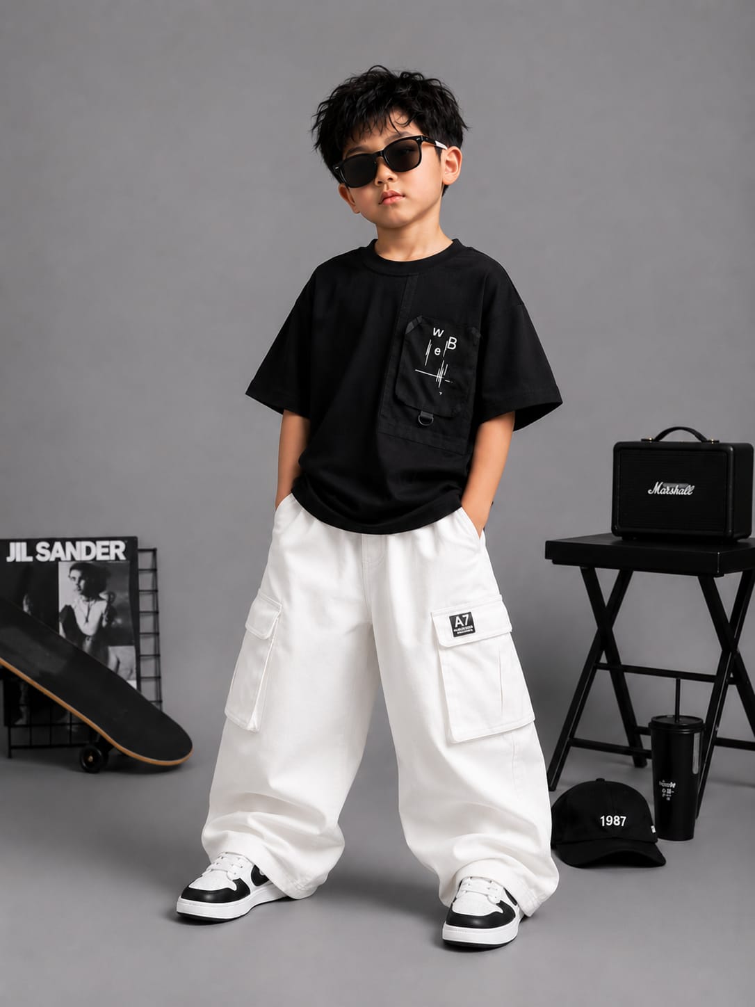 Boys Premium Black Utility Pocket Oversized T-Shirt | Korean Streetwear | Ages 5-9 Years