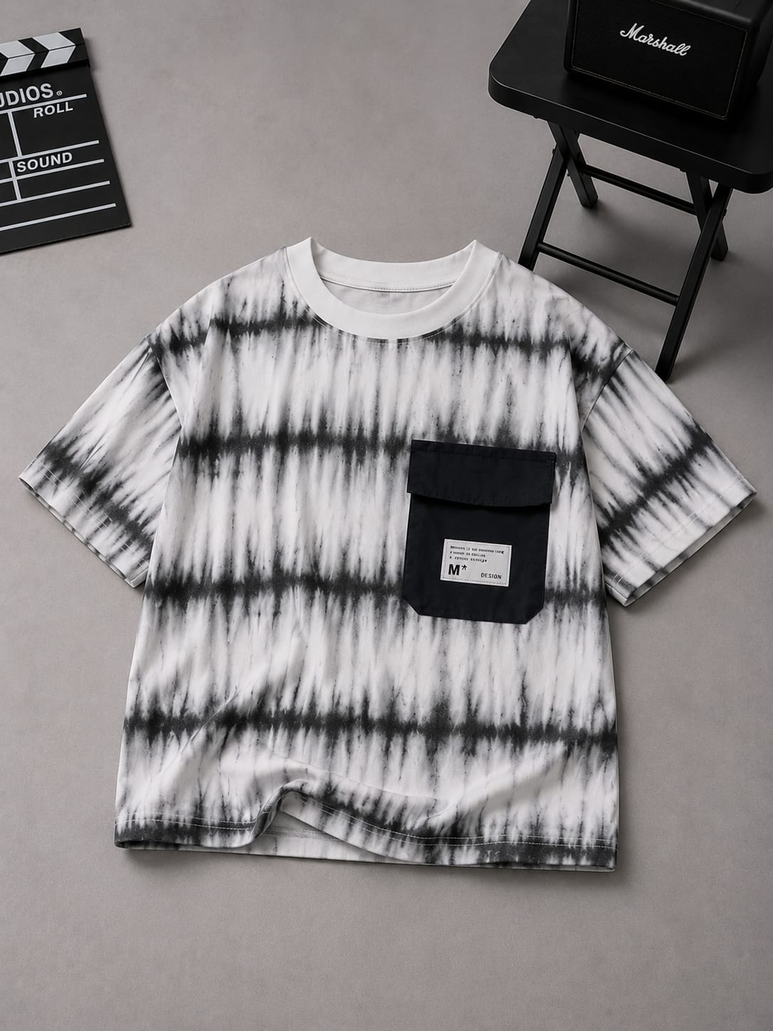 Boys Black & White Tie-Dye Oversized T-Shirt with Utility Pocket | Korean Streetwear | 5-9 Years