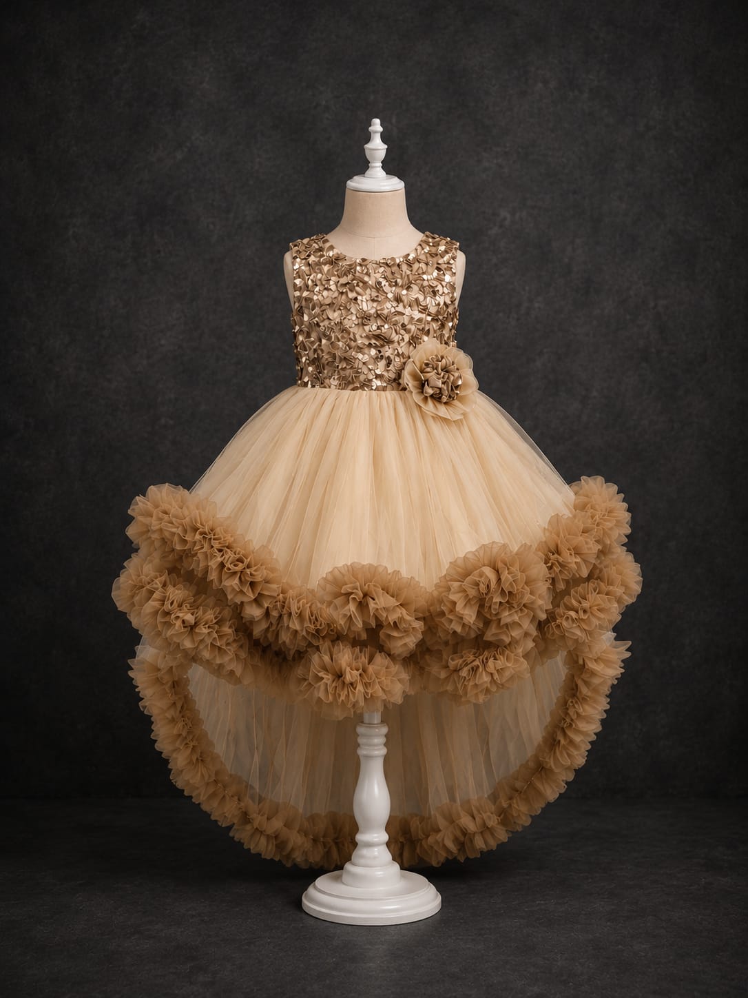 Girls Premium High-Low Party Wear Frock – Champagne Gold | Designer Birthday & Wedding Dress | Size 16–20