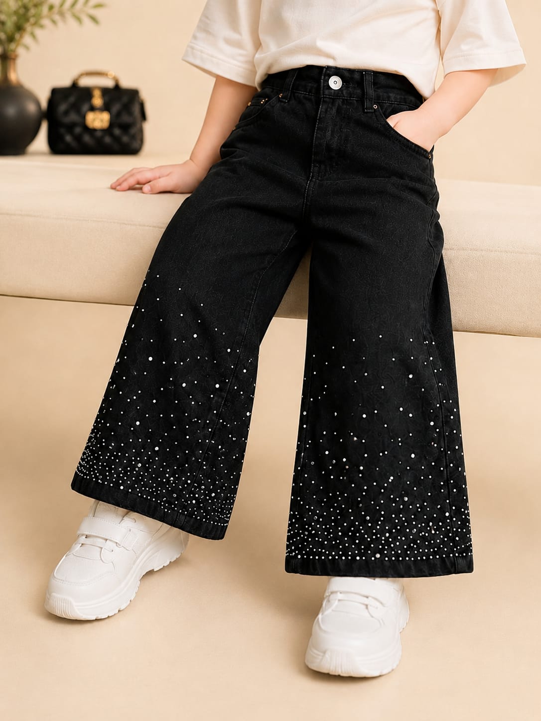 Girls Black Rhinestone Wide Leg Denim Jeans | Premium Party Wear Fashion Jeans | Size 20–22
