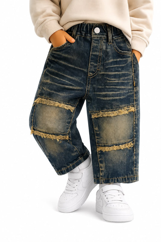 Wanster Kids Vintage Blue Distressed Patch Denim Jeans | Premium Boys Casual Wear | Size 18–26