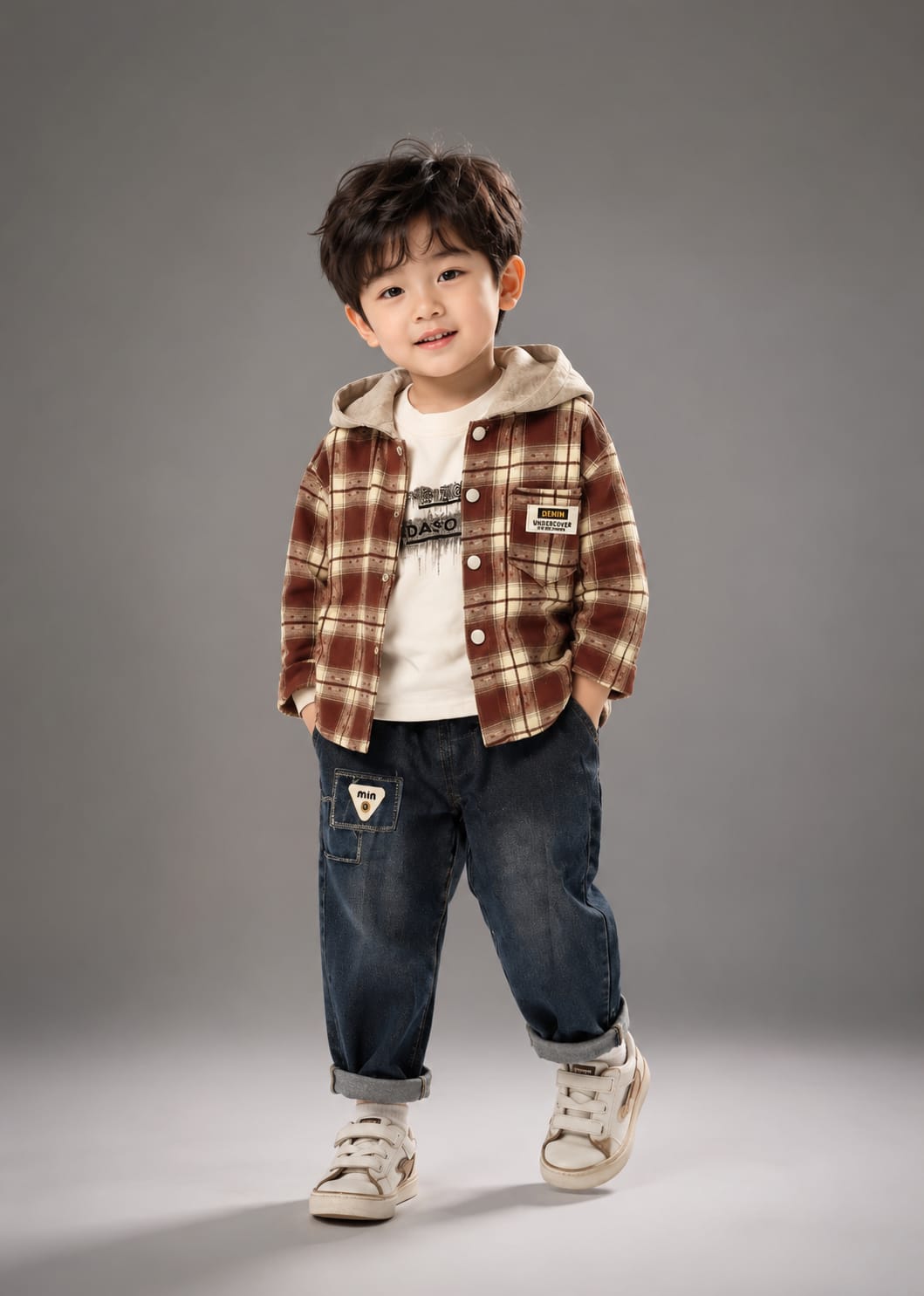 Boys 3-Piece Checked Hooded Shirt Set with Printed T-Shirt & Denim Jeans | 1-5 Years